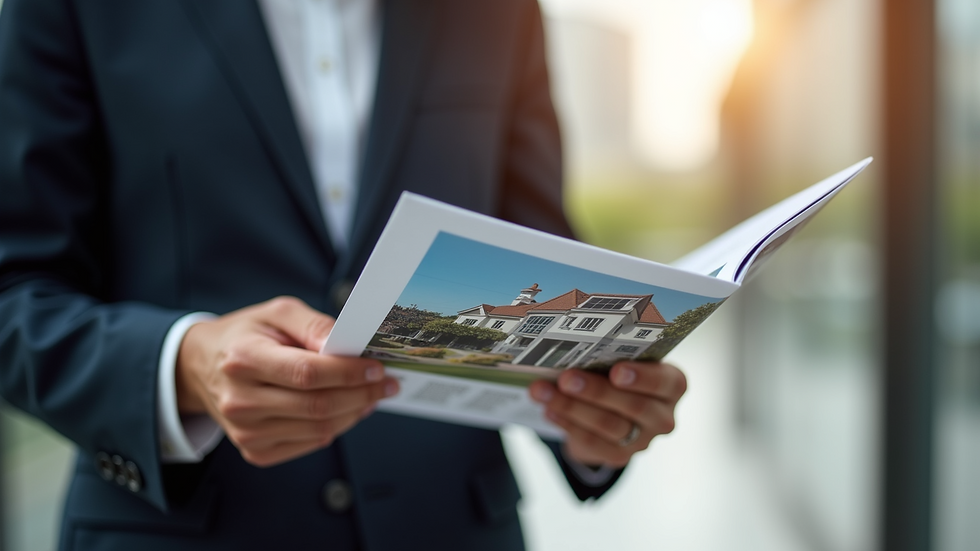 Close-up view of real estate agent showing property brochure - Prime Barcelona Real Estate