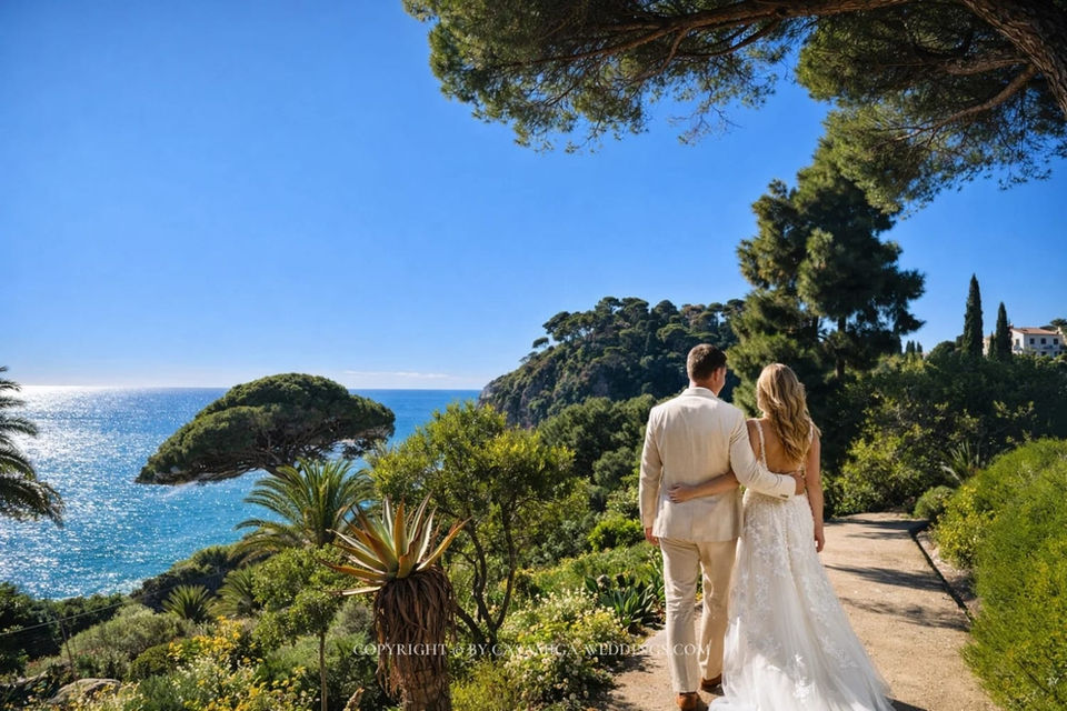 Wedding couple strolling through botanical garden path at Jardines Marimurtra, Blanes, Costa Brava Spain