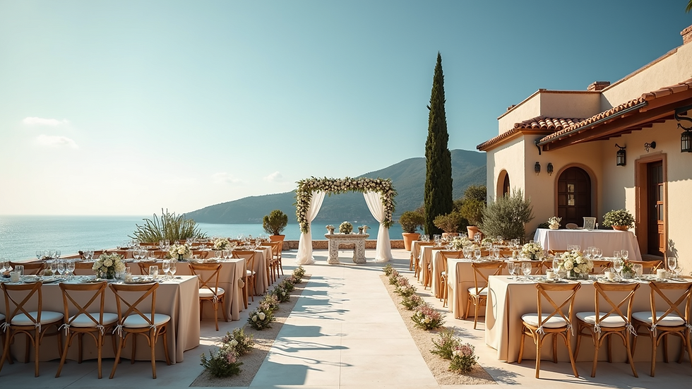 Eye-level view of a Mediterranean seaside villa decorated for a wedding