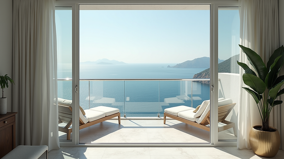 High angle view of a luxury apartment balcony overlooking the Mediterranean Sea