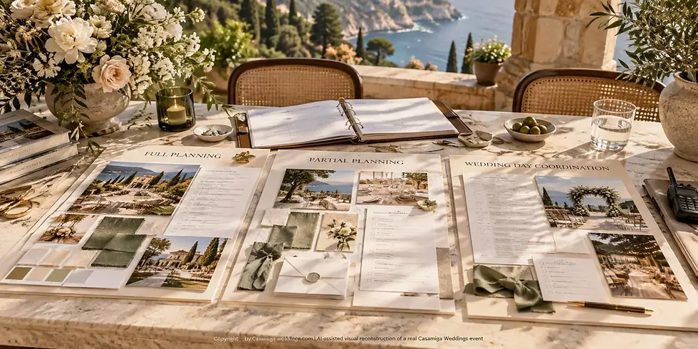 Planning board comparing Full Planning, Partial Planning and Day Coordination in Spain. Imagen real optimizada con IA. Wedding planning boards on a marble table by the sea, with flowers and brochures labeled Full Planning, Partial Planning, Wedding Day Coordination