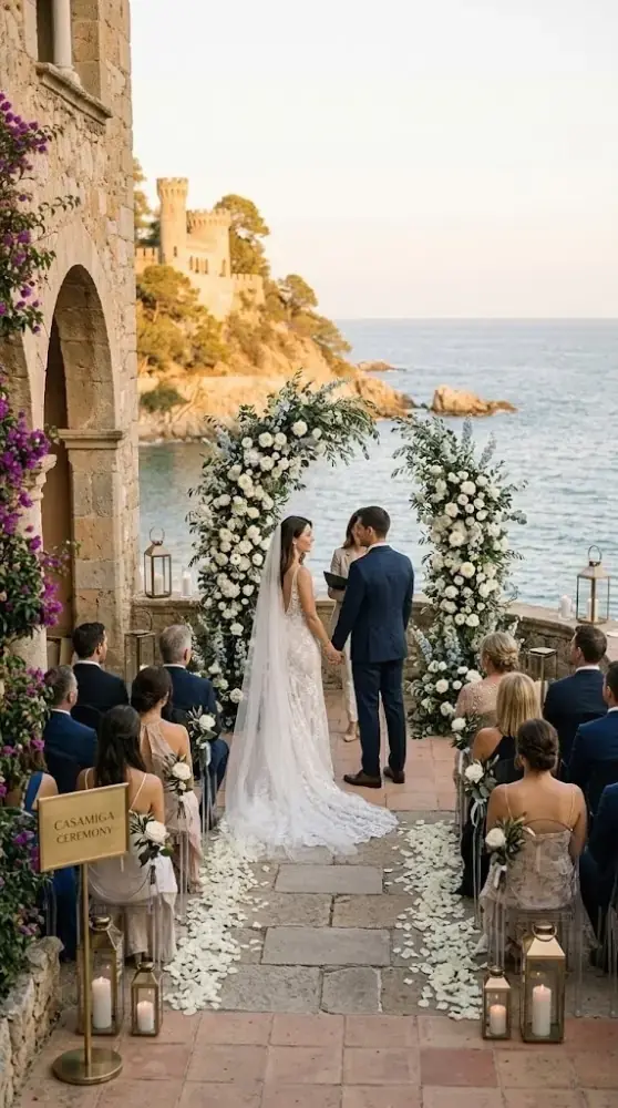 A luxurious outdoor wedding ceremony in a historic Spanish finca at sunset, featuring a bride and groom walking down a stone path, framed by ancient architecture, arches, and lush gardens with olive trees.