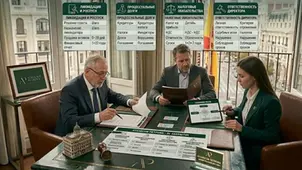 Закрытие SL в Испании: ликвидация, долги, налоги и ответственность директора | разбор в Atanesov Petrova. Трое юристов за столом в офисе обсуждают закрытие SL в Испании; на стене схемы и заголовок про этапы и ответственность. Imagen real optimizada con IA con fines ilustrativos