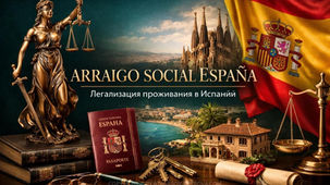 Arraigo social в Испании в 2026 после нового Reglamento de Extranjería: документы, риски и кому подходит легализация. Коллаж о легализации в Испании: Фемида, флаг, паспорт, Саграда Фамилия и надпись ARRAIGO SOCIAL ESPAÑA