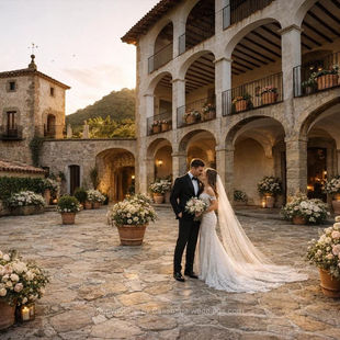 Girona wedding venues, historic stone estate, courtyard by Casamiga Weddings