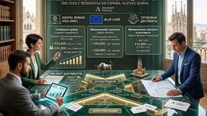 Digital nomad проверяет документы и налоговые условия для Digital Nomad Visa в Испании. Инфографика о визах в Испанию 2026: трое в офисе обсуждают DNV, Blue Card и трудовые договоры, рядом цифры и чек-листы. Foto: Personas/vestuario mejorados mediante IA
