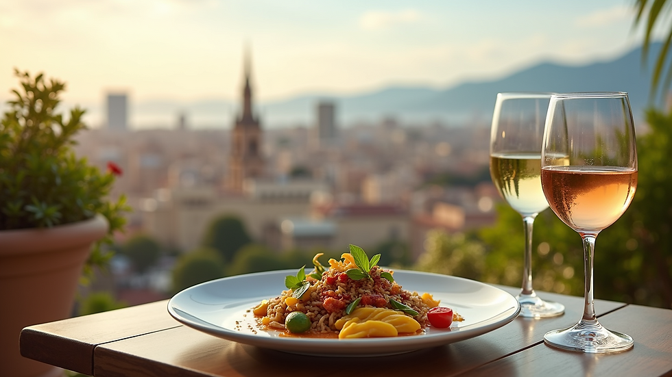 Close-up view of Mediterranean cuisine served on a terrace with Barcelona’s skyline