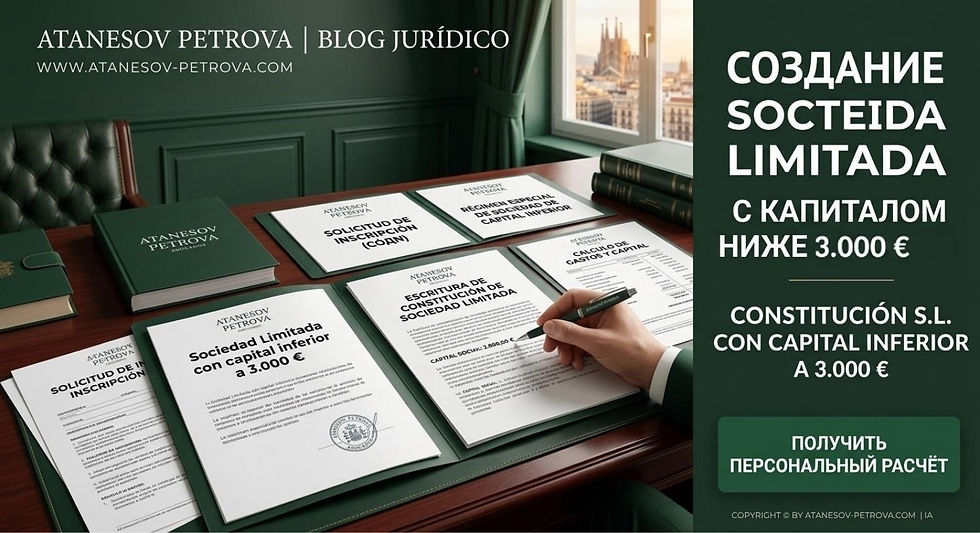 Документы sociedad limitada с расчётом капитала ниже 3000 евро. Imagen real optimizada con IA. Рекламный баннер о создании S.L. с капиталом ниже 3000 €: на столе документы, рука с ручкой, зелёный офис.