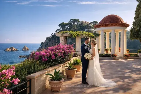 Wedding couple at bougainvillea-framed pavilion at Jardines Marimurtra, Blanes, Costa Brava Spain