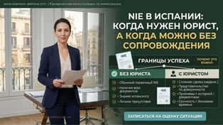 NIE в Испании: когда нужен юрист, а когда вопрос можно решить без юридического сопровождения. Женщина-юрист в офисе с документами; справа реклама про NIE в Испании, сравнение с юристом и кнопка записи. Foto: Personas/vestuario mejorados mediante IA