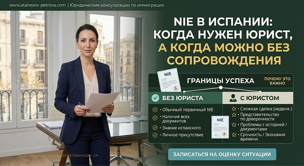 NIE в Испании: когда нужен юрист, а когда вопрос можно решить без юридического сопровождения. Женщина-юрист в офисе с документами; справа реклама про NIE в Испании, сравнение с юристом и кнопка записи. Foto: Personas/vestuario mejorados mediante IA