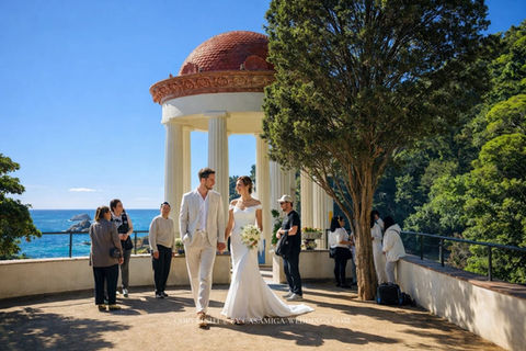 Wedding ceremony at clifftop pavilion, Jardines Marimurtra botanical garden, Blanes, Costa Brava Spain
