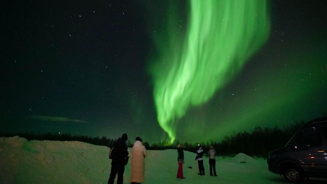 Northern Lights tour in Levi, Lapland, in Snow Igloo Park with Scandinavian Travel Group. Experience Polarman's Camp and Snow Igloo Park: An Enchanting Arctic Adventure

Welcome to Polarman's Camp and Snow Igloo Park, an exclusive haven just outside Levi, Finland (Lapland), where the magic of the Northern Lights and the charm of a Snow Igloo Park await you. Escape the tourist buzz and immerse yourself in a serene atmosphere with an unobstructed Northern horizon view, a panoramic 360⁰ sky view, minimal light pollution, and a cozy Aurora dome shelter!