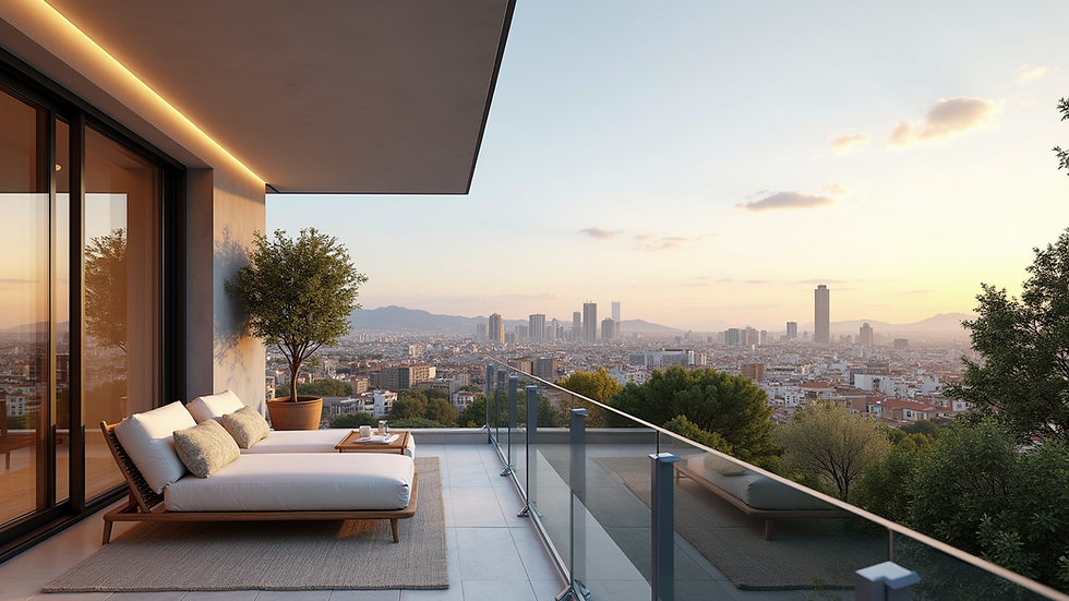 Eye-level view of luxury apartment balcony overlooking Barcelona skyline