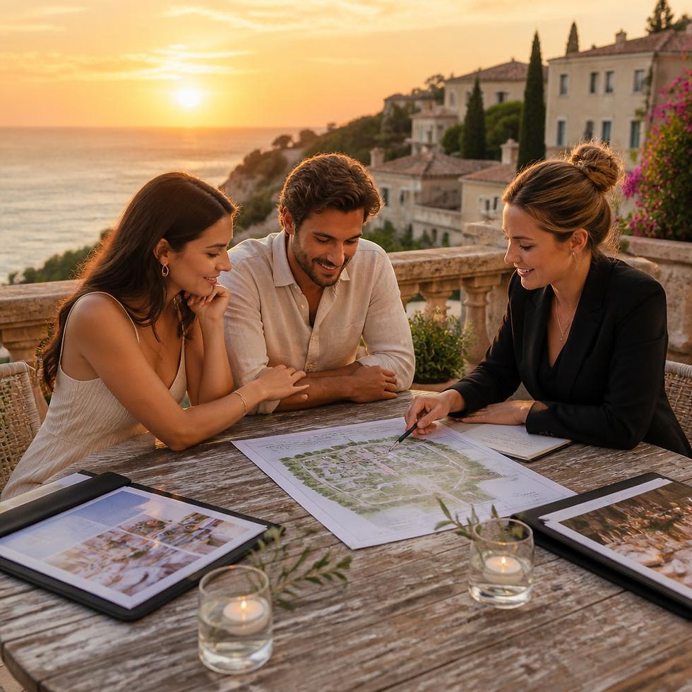 Costa Brava wedding planner logistics by Casamiga Weddings for an elegant outdoor celebration. Three people review landscape plans at a sunset seaside terrace, with candles and tablet mockups on a rustic table. Foto: Personas/vestuario mejorados mediante IA.