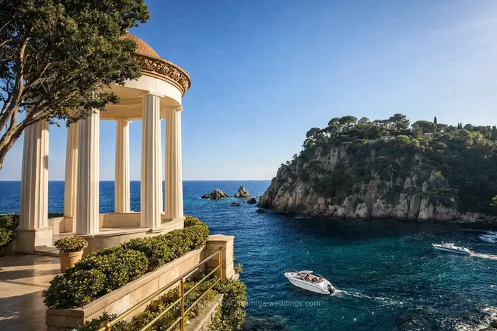 Classical clifftop pavilion at Jardines Marimurtra botanical garden ceremony venue, Blanes, Girona Spain