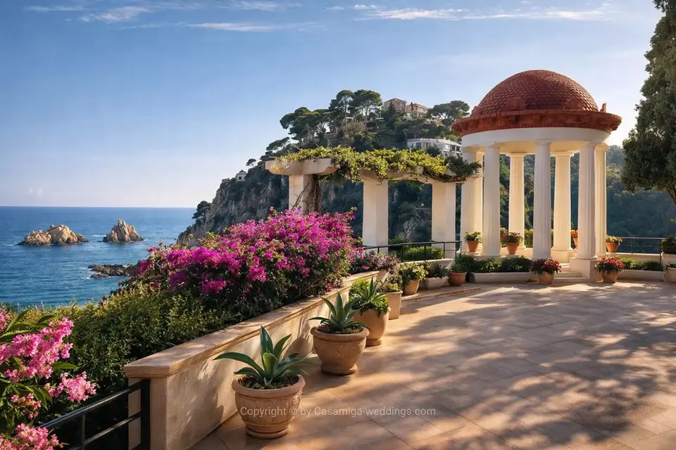 Bougainvillea-covered pavilion at Jardines Marimurtra wedding ceremony venue, Blanes, Costa Brava Spain