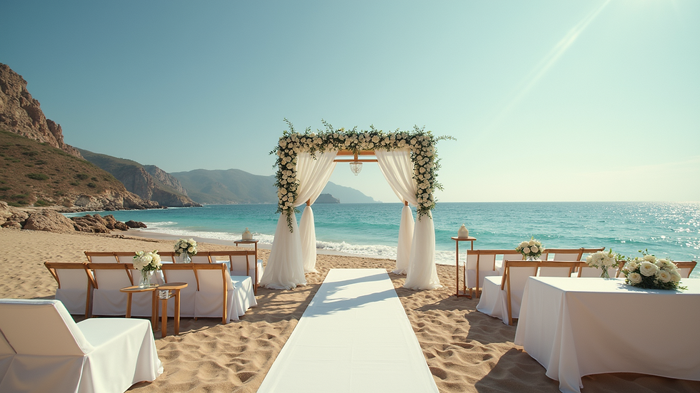 Wide angle view of a Mediterranean beach wedding setup - Casamiga Wedding Planner in Costa Brava