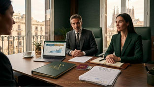 Сравнение No Lucrativa и Digital Nomad Visa в Испании: работа, доход, налоги, семья и риски выбора ВНЖ, в Atanesov Petrova. Деловая встреча в офисе: двое в костюмах слушают собеседника, на столе ноутбук с графиком, документы и блокнот. Foto: Personas/vestuario mejorados mediante IA
