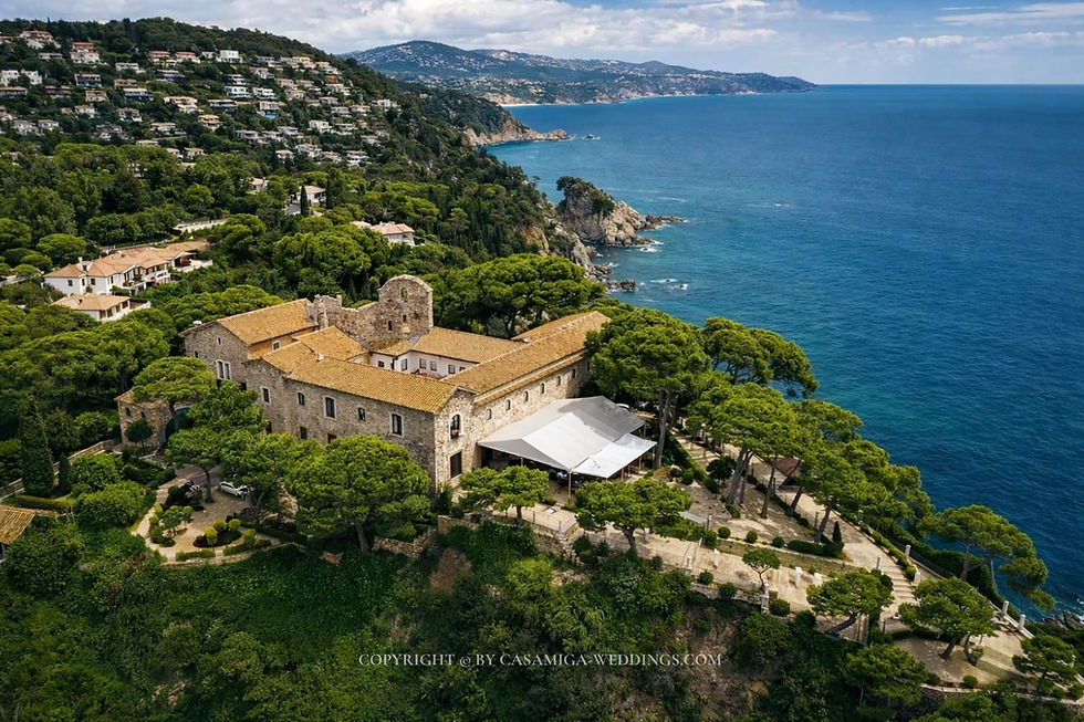 Aerial view of Convent de Blanes seafront wedding venue above the Mediterranean, Blanes, Costa Brava Spain