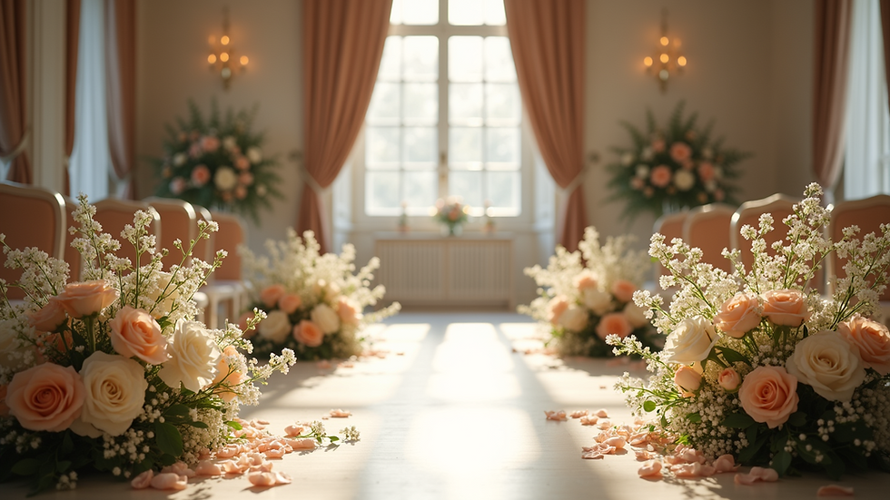 Eye-level view of elegant wedding venue setup with floral decorations with Casamiga Wedding Planner