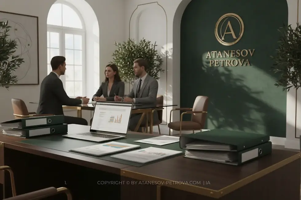 Налоговый консультант в Испании: профессионалы в Барселоне, в Atanesov Petrova. Eye-level view of a modern office desk with tax documents and a laptop. Foto generada por IA.
