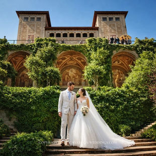 Luxury wedding in Barcelona: modernist venue set up by Casamiga Weddings. Bride and groom in wedding attire pose on stone steps before ivy-covered arches and a villa; watermark across bottom.