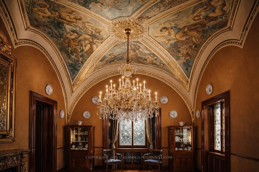 Ornate painted ceiling salon interior at Bell Recó historic estate, Argentona, Maresme, near Barcelona Spain
