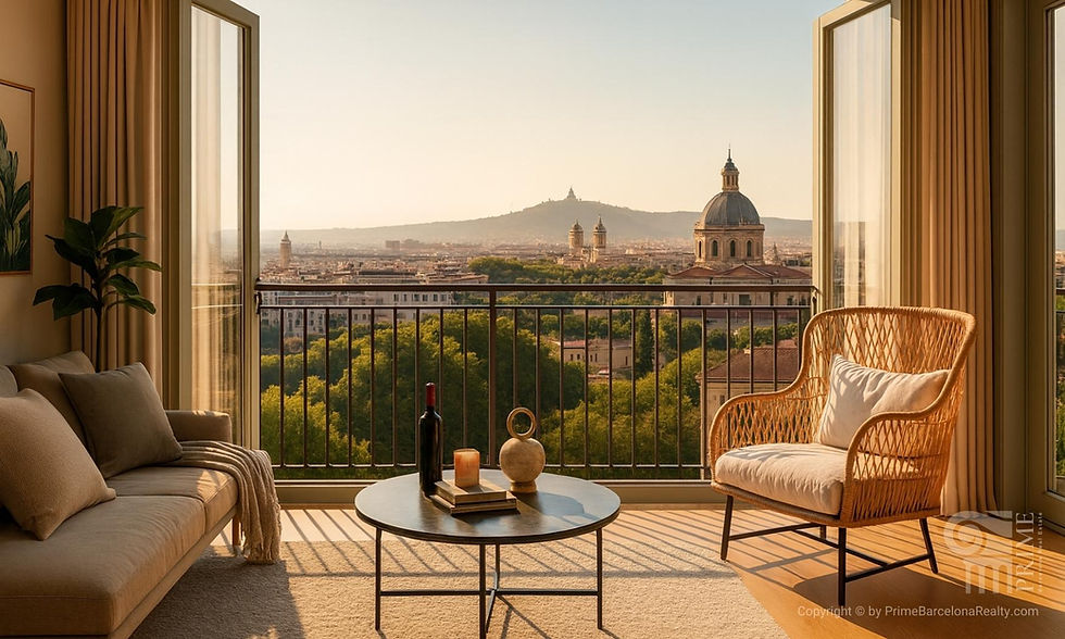 Eye-level view of luxury apartment balcony overlooking Barcelona cityscape | Prime Barcelona Real Estate