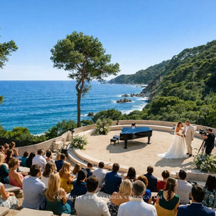 wedding Spain 2027 destination ceremony Casamiga Weddings. Wedding ceremony outdoors by the sea, couple on a circular stage with a piano, surrounded by guests. Lush greenery and blue sky.