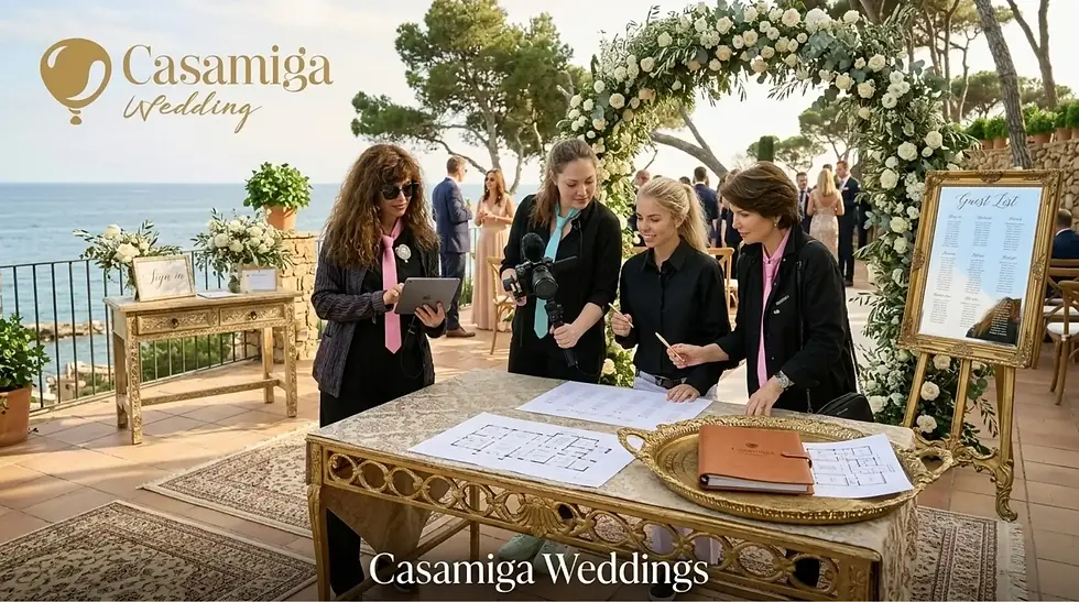 Wedding planner coordinating supplier timing and guest flow for a Costa Brava wedding. Wedding planners check a guest list at a seaside Casamiga Wedding setup with white floral arch, gold tables, and staff in black suits. Foto: Personas/vestuario mejorados mediante IA.