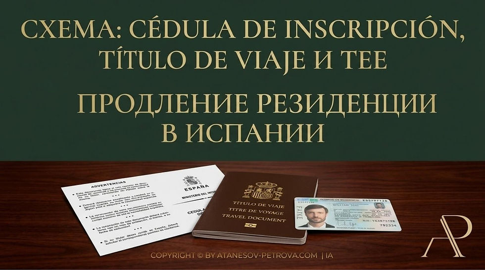 Схема cédula de inscripción, título de viaje и TIE для продления резиденции в Испании. Imagen real optimizada con IA. Схема продления резиденции в Испании: паспорт, карта TIE и предупреждение на столе, крупный заголовок на зеленом фоне