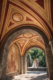 Ornate painted arched gallery interior at Bell Recó historic estate, Argentona, Maresme, near Barcelona Spain