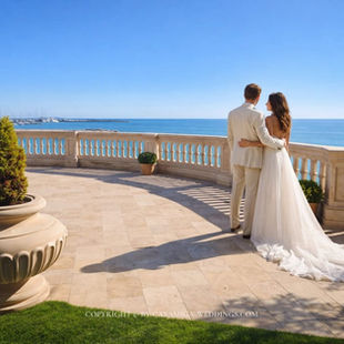 Barcelona destination wedding 2027 skyline ceremony Casamiga Weddings. A couple in wedding attire embraces on a stone terrace overlooking the sea. It’s a sunny day with a blue sky. Potted plants decorate the space.