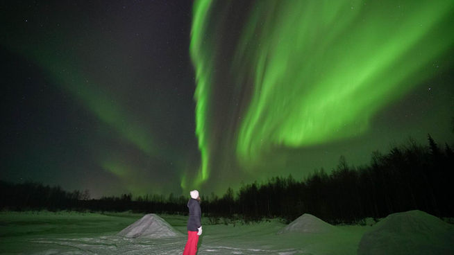 Northern Lights tour in Levi, Lapland, in Snow Igloo Park with Scandinavian Travel Group. Experience Polarman's Camp and Snow Igloo Park: An Enchanting Arctic Adventure

Welcome to Polarman's Camp and Snow Igloo Park, an exclusive haven just outside Levi, Finland (Lapland), where the magic of the Northern Lights and the charm of a Snow Igloo Park await you. Escape the tourist buzz and immerse yourself in a serene atmosphere with an unobstructed Northern horizon view, a panoramic 360⁰ sky view, minimal light pollution, and a cozy Aurora dome shelter!