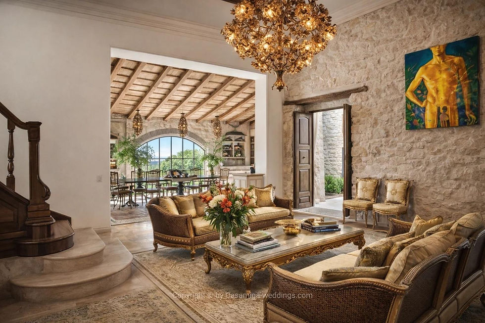 Mediterranean wedding accommodation base for guests in Spain with welcome signage. Foto: Personas/vestuario mejorados mediante IA. Luxurious stone living room with ornate sofas, floral chandelier, and open doorway to a sunlit dining room; watermark text below.