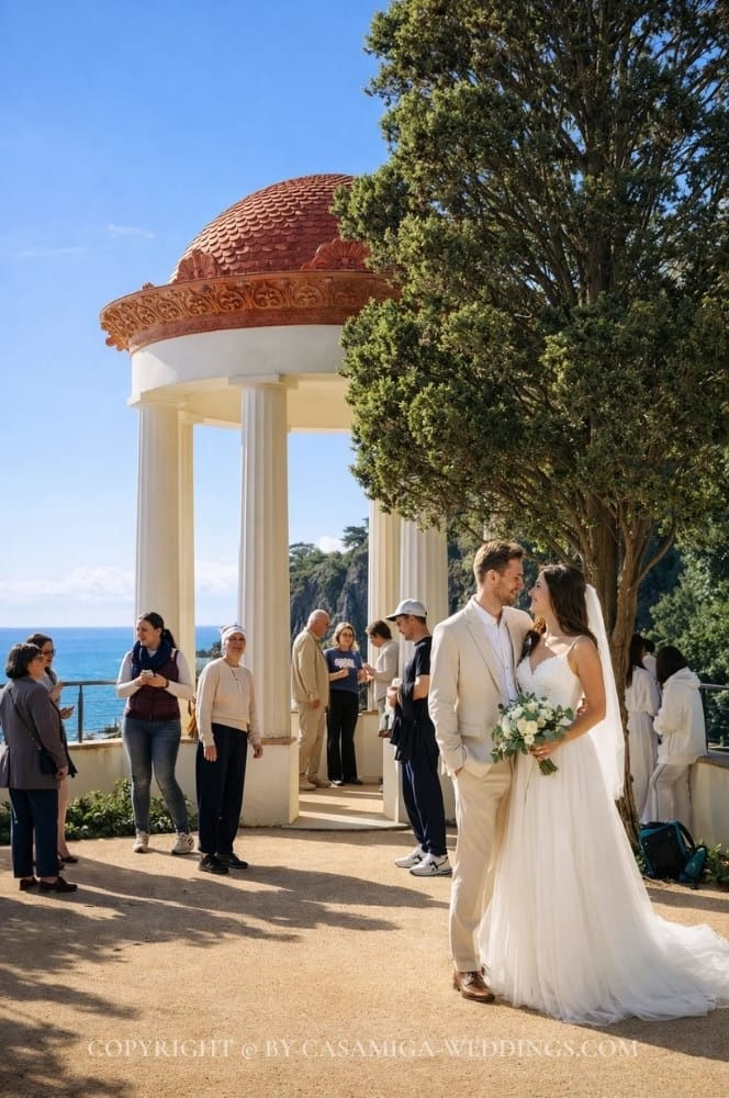 Wedding ceremony with sea views at Jardines Marimurtra botanical garden, Blanes, Spain