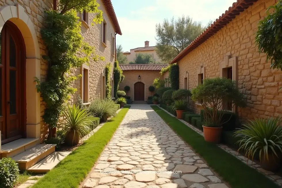 Eye-level view of a Mediterranean masía with stone walls and lush greenery. Mediterranean masía with stone walls and lush greenery, perfect for intimate weddings | Casamiga Weddings