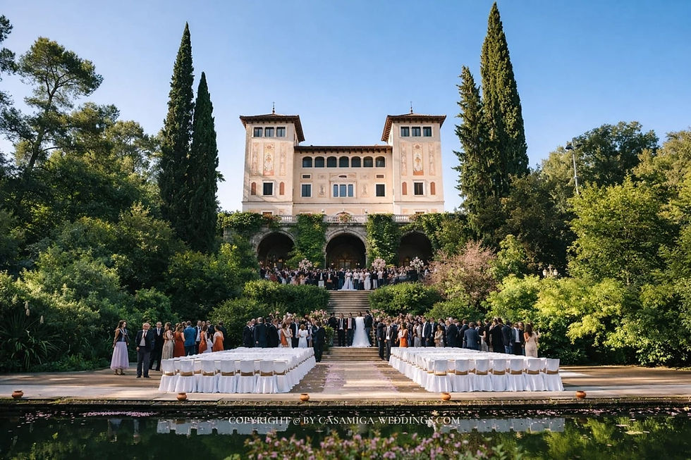 Barcelona destination wedding ceremony by the sea, planned by Casamiga Weddings. Outdoor wedding at a grand ivy-covered villa, with guests gathered around white chairs and a pool; sunny, watermark text below. Foto: Personas/vestuario mejorados mediante IA