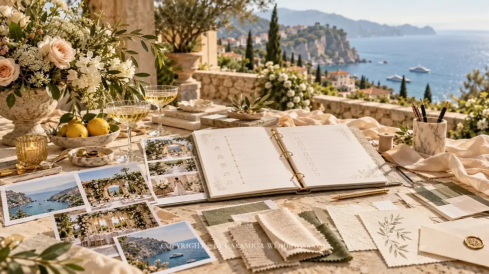 Wedding timeline, supplier checklist and design materials for planning a destination wedding in Spain. Foto: Personas/vestuario mejorados mediante IA. Elegant wedding mood board on a seaside terrace, with flowers, wine, notebook, fabric swatches, and coastal photos overlooking the bay.