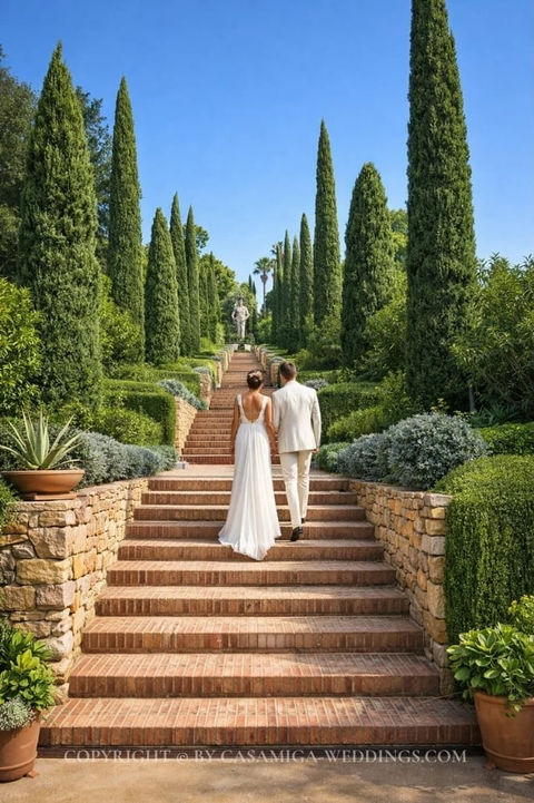 Botanical garden flower-lined path at Jardines Marimurtra wedding venue, Blanes, Costa Brava Spain