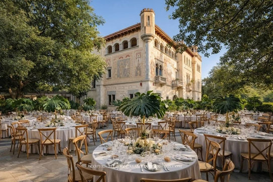 Outdoor garden reception with round tables at Bell Recó estate, Argentona, Maresme, near Barcelona Spain