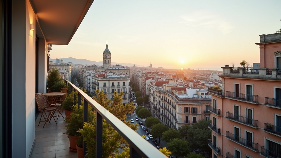 Eye-level view of modern apartment balcony overlooking Barcelona cityscape — Prime Barcelona Real Estate