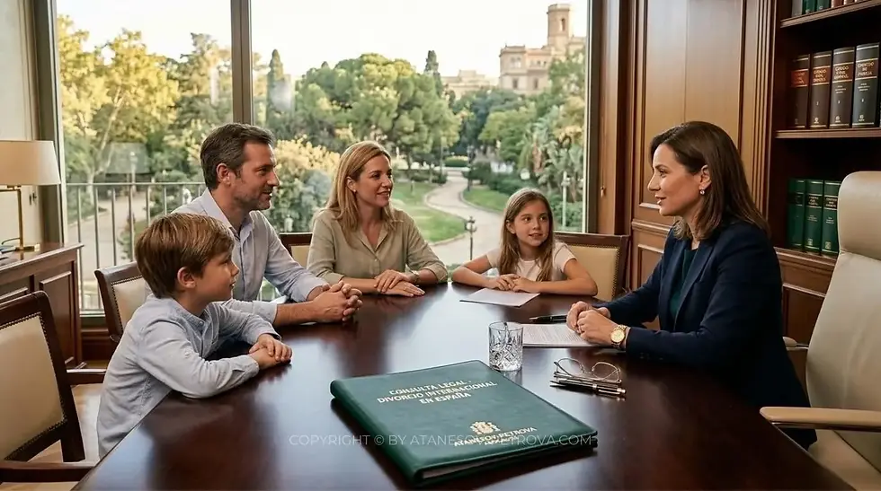 Family divorce consultation in Spain for foreigners with Atanesov-Petrova Abogados in Barcelona. Image features a relaxed family meeting with a lawyer, highlighting a leather folder with text 'CONSULTA LEGAL - DIVORCIO INTERNACIONAL EN ESPAÑA' and the firm's logo. Keywords: international divorce in Spain, Spanish family law consultation, divorce lawyer Barcelona, Atanesov-Petrova Abogados.