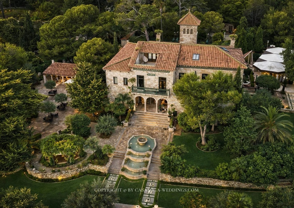 Aerial view of Xalet de Nin historic seafront wedding villa, Vilanova i la Geltrú, Garraf coast near Sitges Spain
