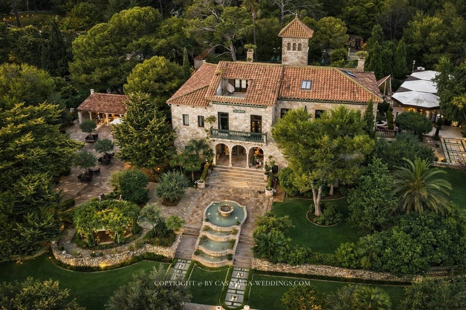 Aerial view of Xalet de Nin historic seafront wedding villa, Vilanova i la Geltrú, Garraf coast near Sitges Spain