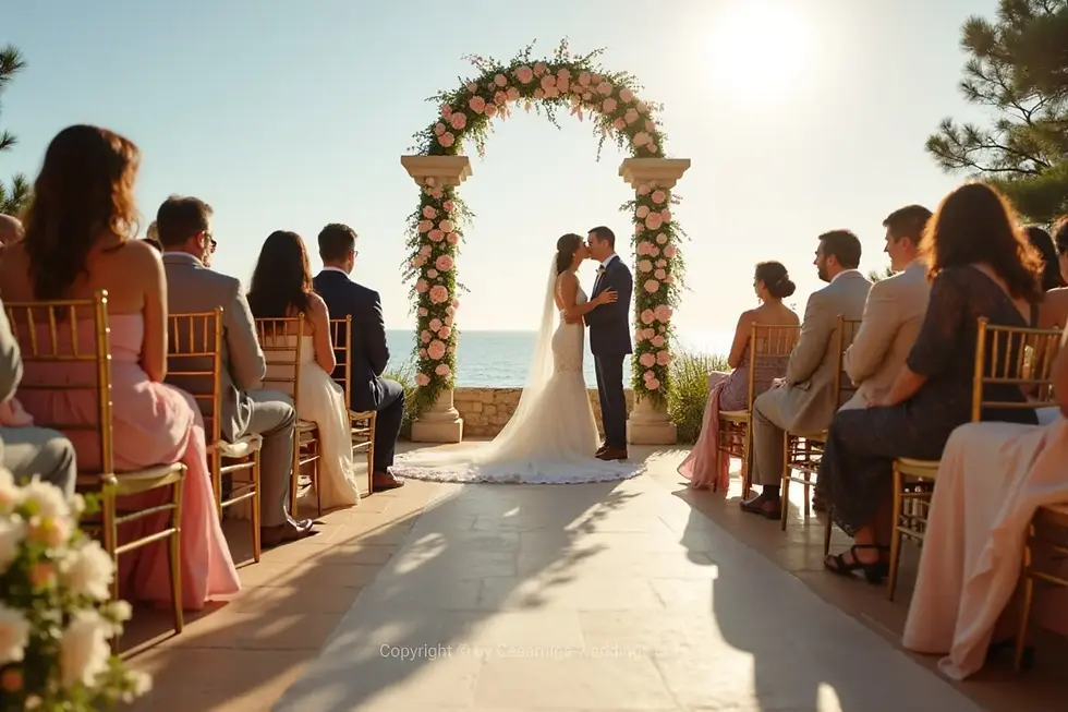 Eye-level view of a coastal masía with sea view and floral decorations for a wedding ceremony by Casamiga Weddings