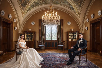 Bride and groom formal portrait in salon at Bell Recó historic estate, Argentona, Maresme, near Barcelona
