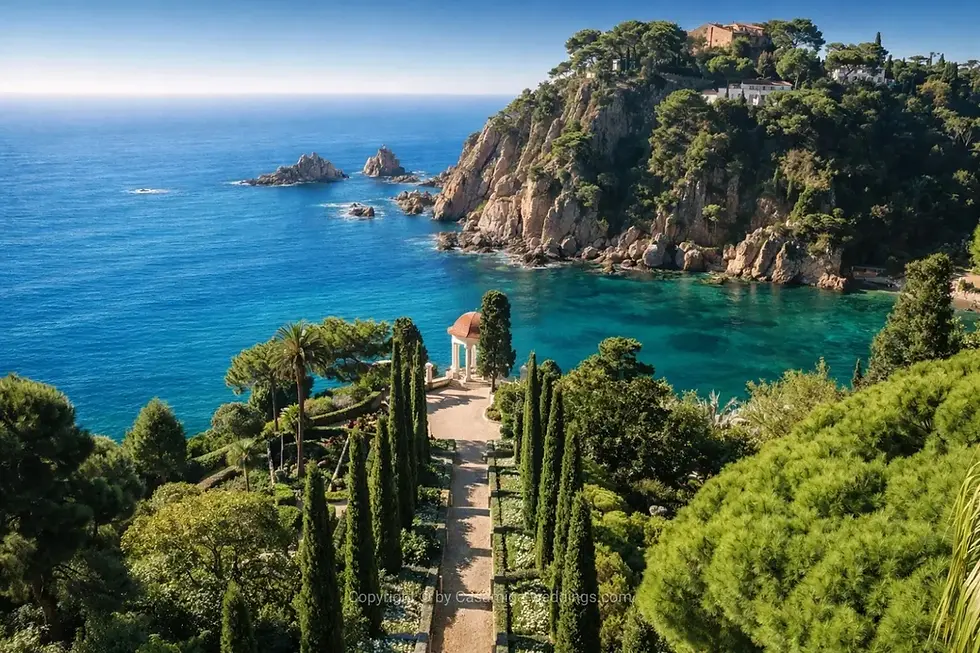 Sea cliff panorama at Jardines Marimurtra botanical garden wedding venue, Blanes, Costa Brava