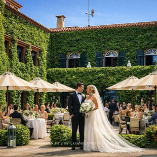 Costa Brava wedding venue setting curated by Casamiga Weddings for a 2027 shortlist. Foto: Personas/vestuario mejorados mediante IA. Bride and groom stand in an ivy-covered courtyard wedding reception under striped umbrellas as guests applaud, elegant and joyful